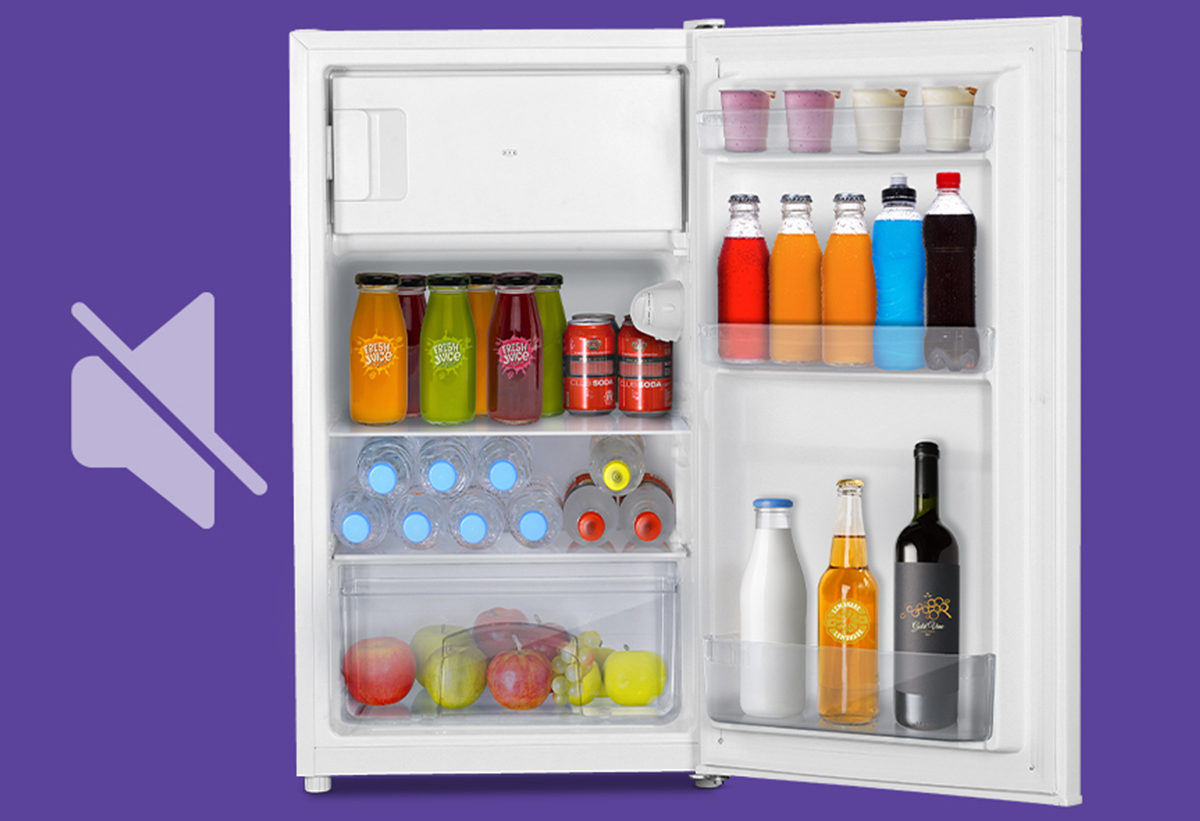 Το ψυγείο με μωβ φόντο και ένα σήμα mute